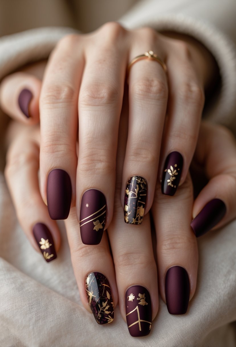 Close-up of two hands with short burgundy nails featuring gold foil accents.