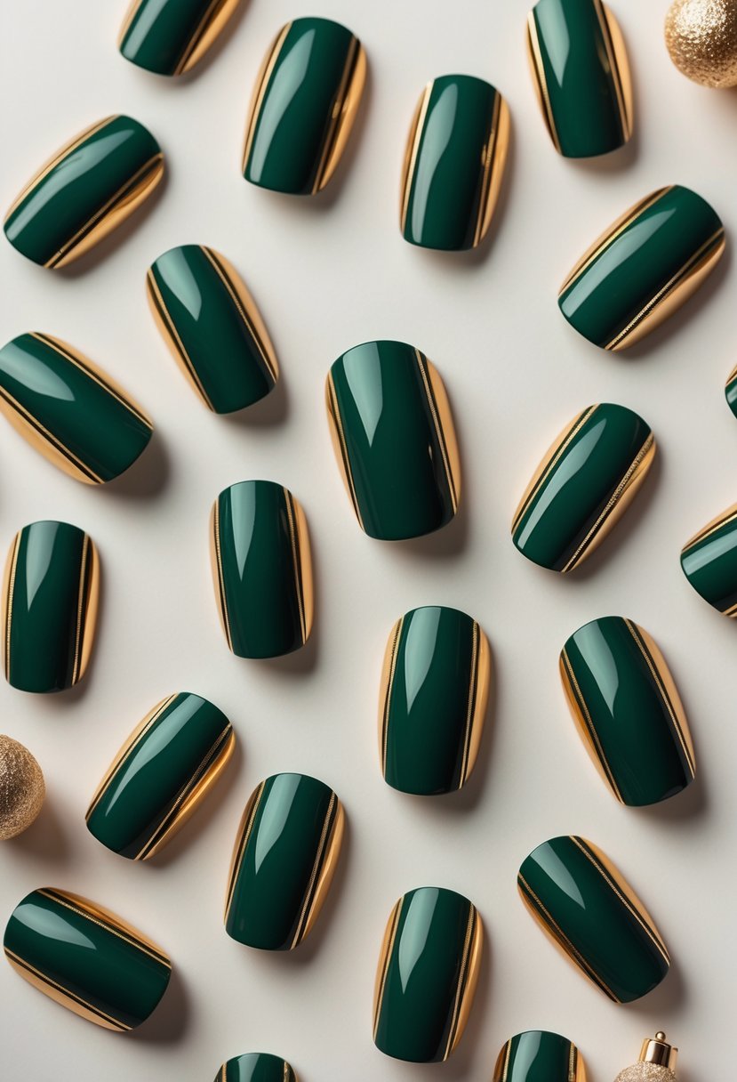 Close-up of short manicured nails painted emerald green with thin gold line accents on a neutral background.