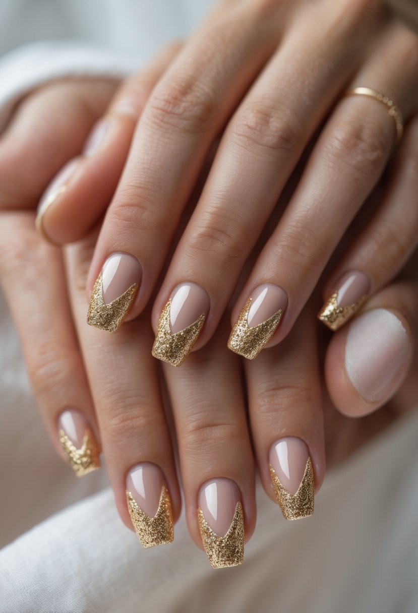 Close-up of hands with short nails painted with clear polish and gold glitter accents.