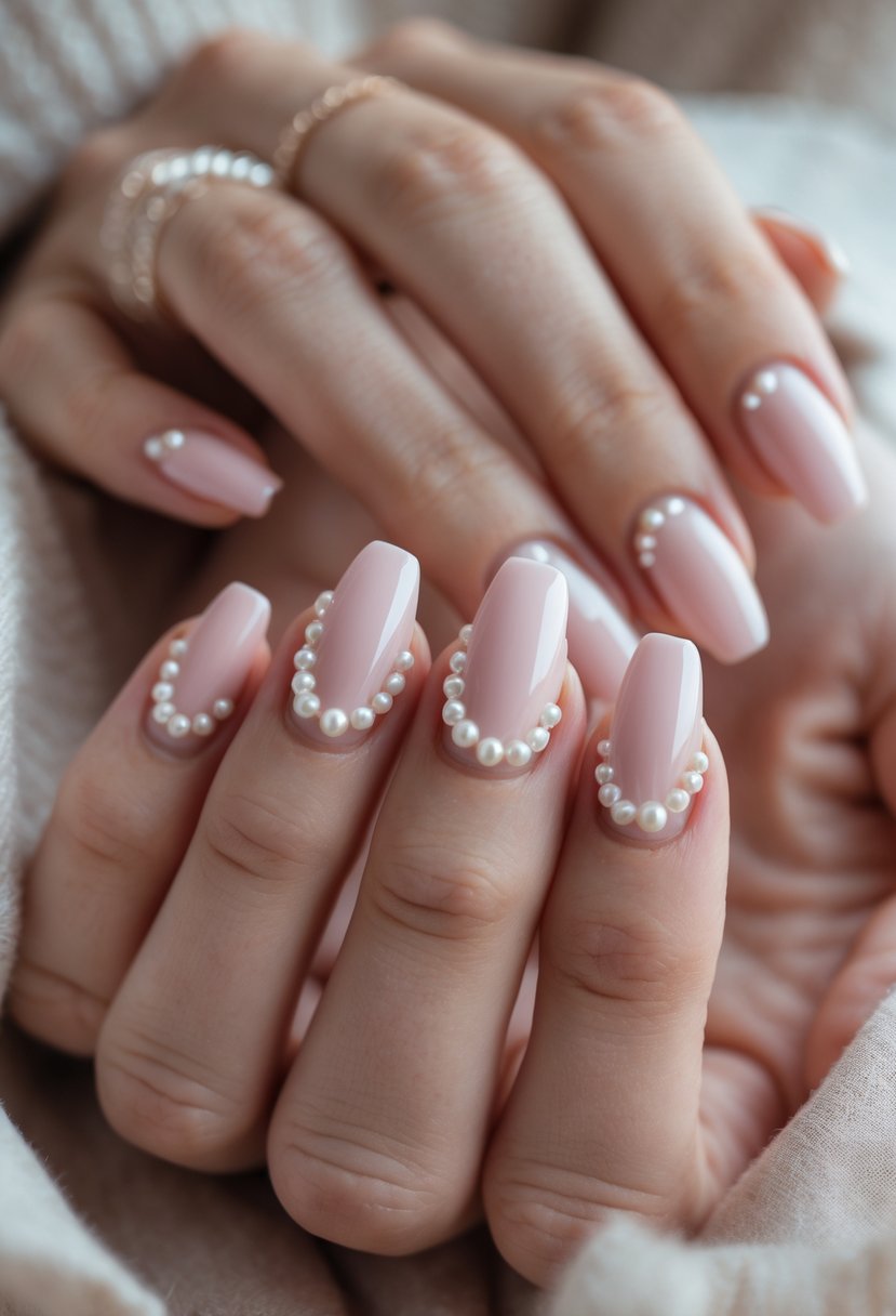 Close-up of hands with short pink nails decorated with small white pearls.