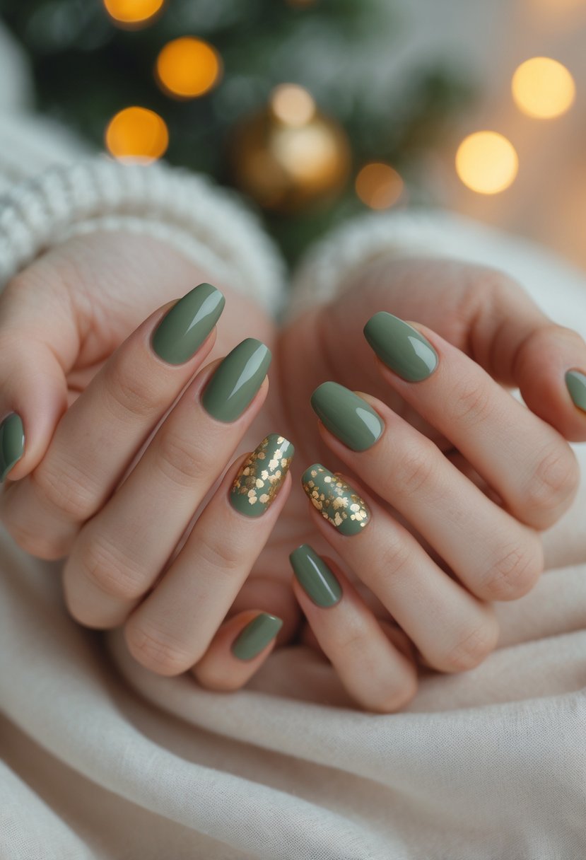 Close-up of hands with short nails painted muted green and decorated with gold confetti accents.