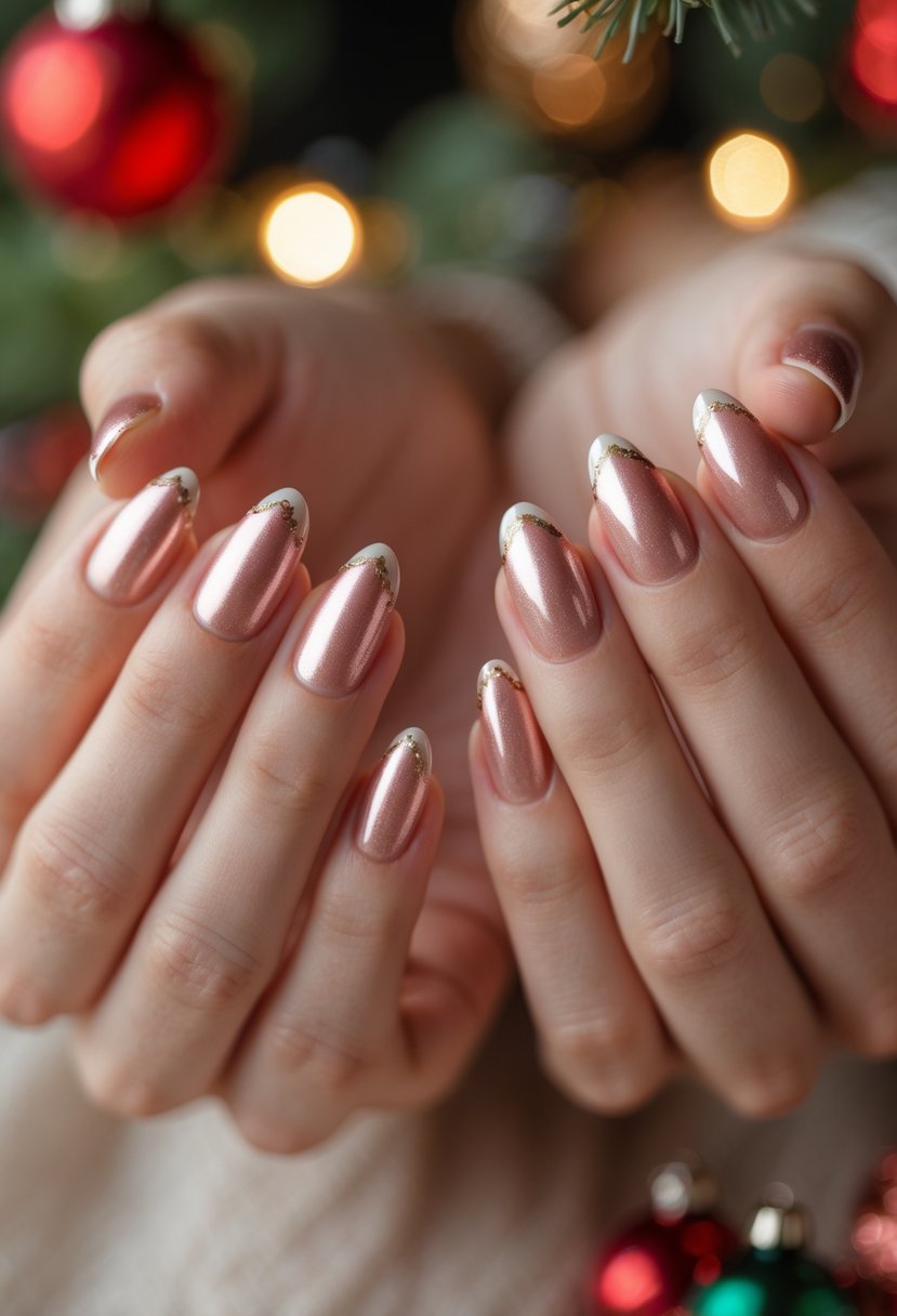 Close-up of hands with short nails painted in rose gold French manicure, posed with soft Christmas decorations in the background.