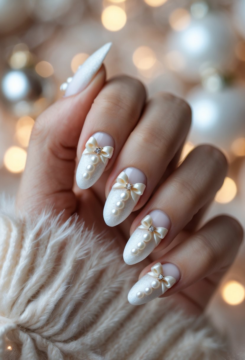Close-up of a hand with frosted white nails decorated with pearl bows.