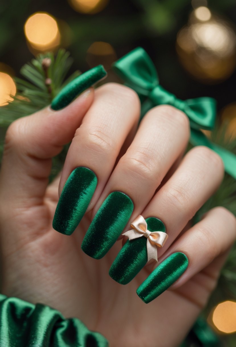 Close-up of a hand with green velvet textured nails decorated with small satin bows.