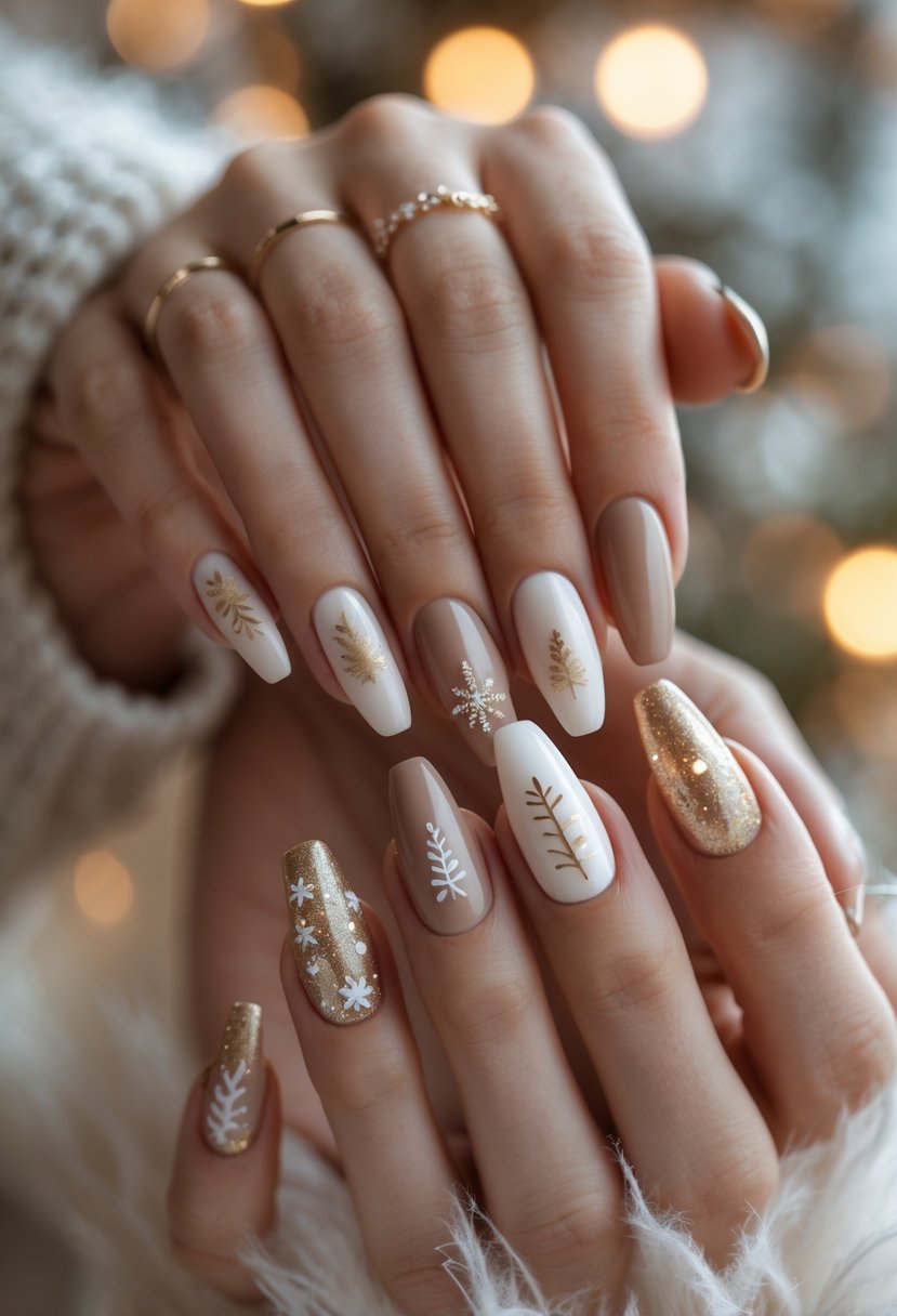 Close-up of hands displaying 18 different neutral Christmas nail designs with subtle festive patterns.