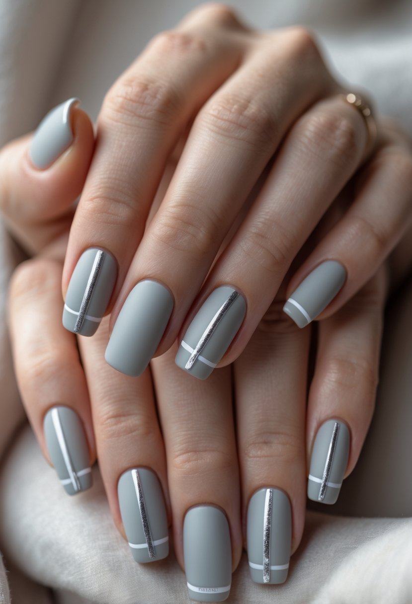 Close-up of hands with light gray nails featuring thin silver stripes.