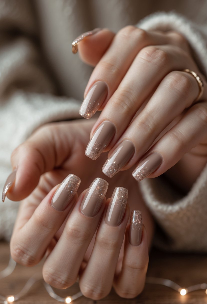 Close-up of hands with light mocha nails featuring a subtle glitter gradient, posed to display the manicure.