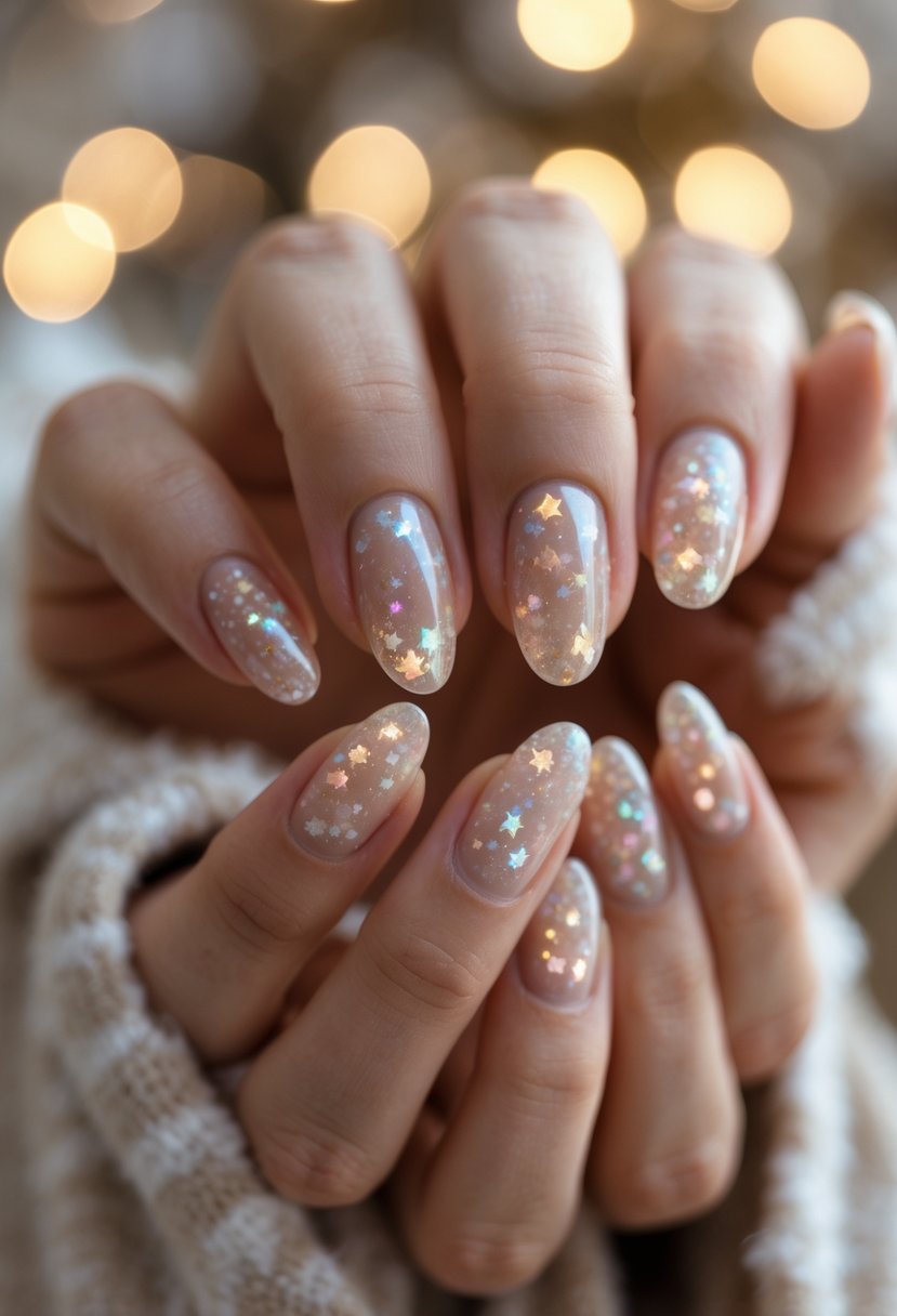 Close-up of hands with translucent beige nails decorated with holographic flakes.