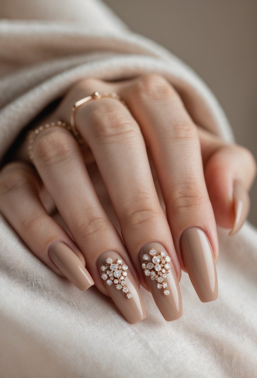 Close-up of a hand with muted sand-colored nails decorated with small rhinestone clusters.