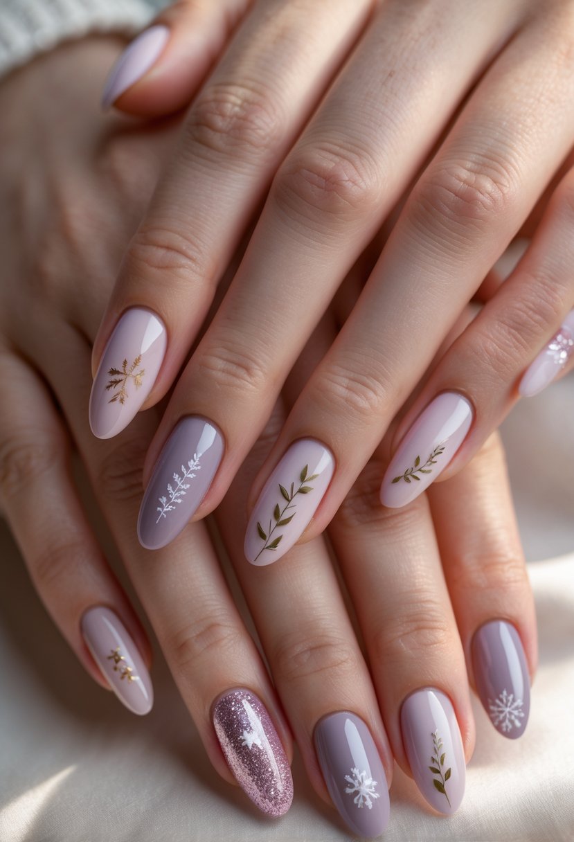 Close-up of hands with neatly manicured nails painted in soft lavender shades with subtle Christmas-themed designs.