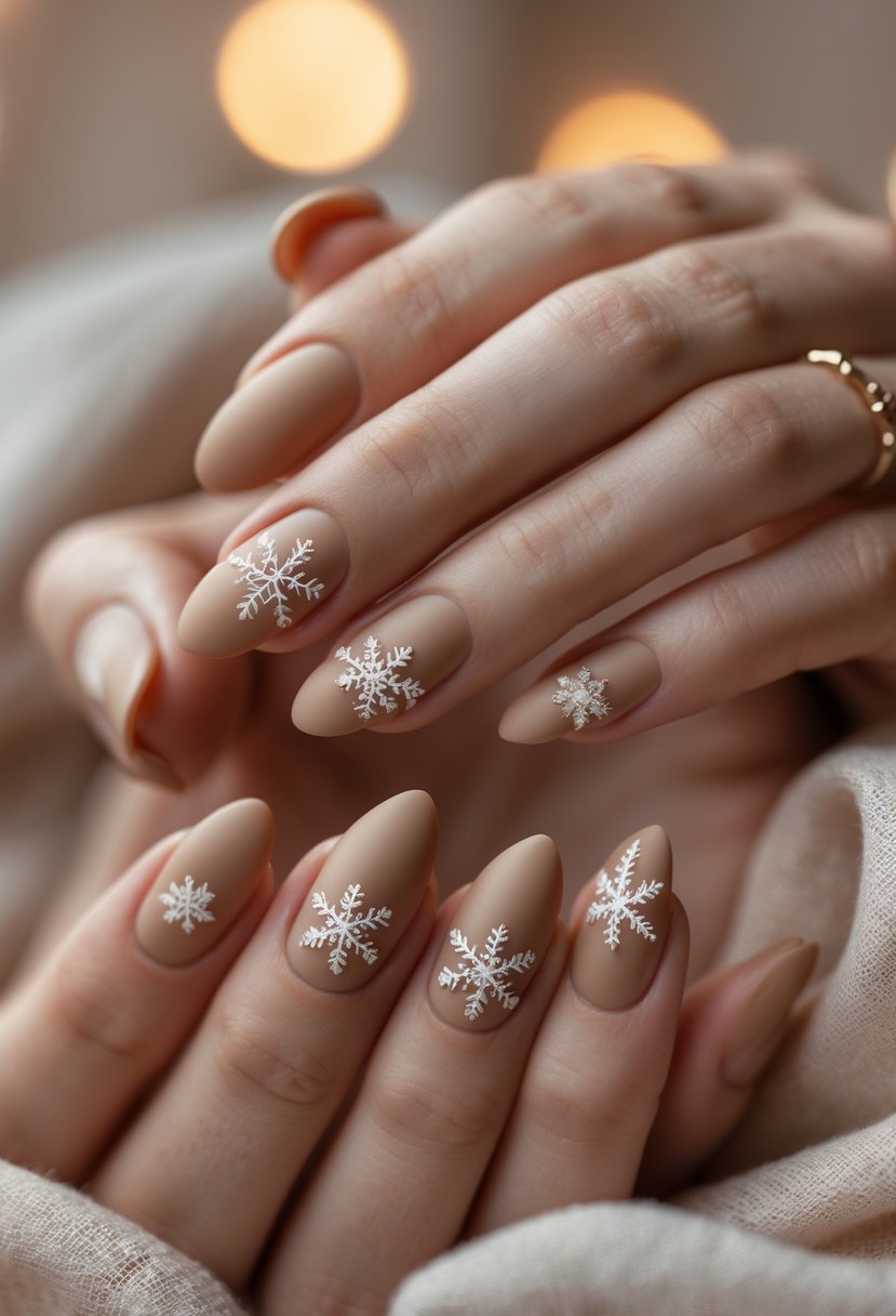 Close-up of hands with almond-shaped nails painted in warm neutral tones with matte snowflake designs.