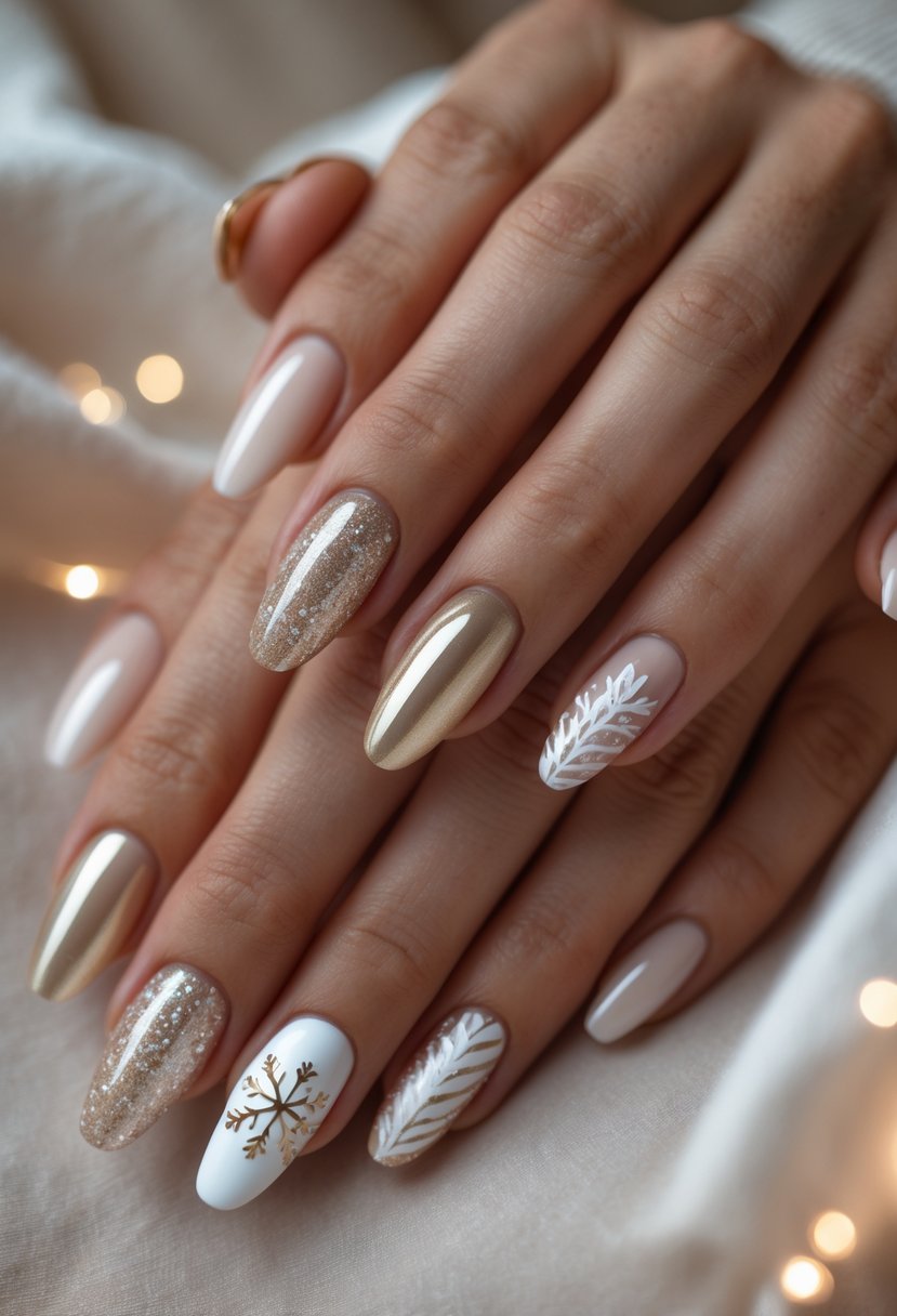 Close-up of hands with neutral-colored Christmas-themed manicured nails featuring shimmer and white accents.