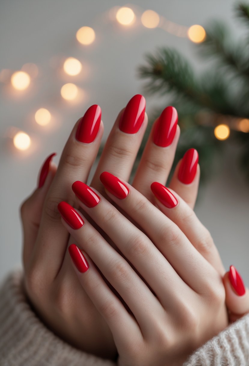 Close-up of two hands with glossy red nails posed against a soft background with subtle holiday decorations.