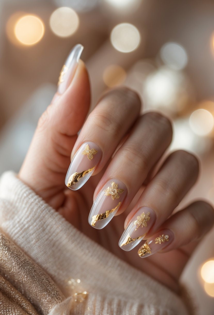 Close-up of a hand showing clear nails with gold foil accents on each finger.