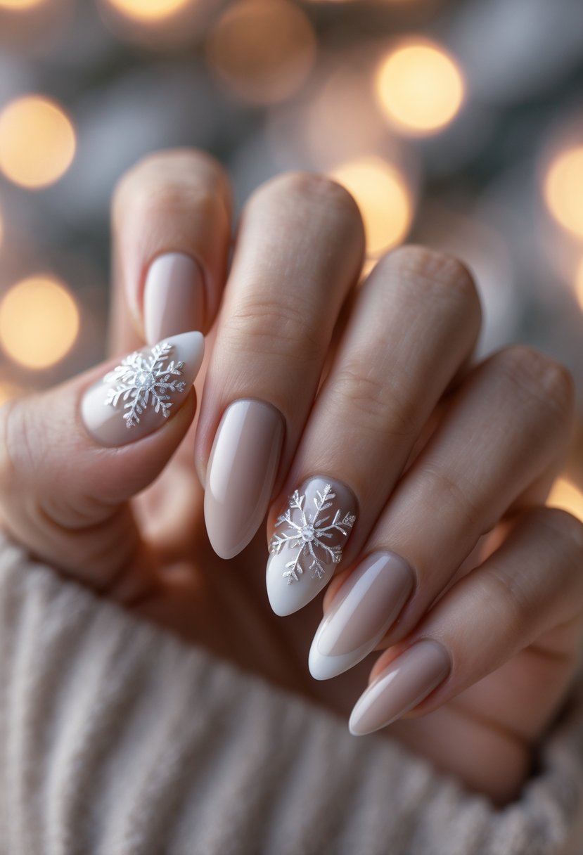 Close-up of a hand with minimalist Christmas nails, featuring one nail with a silver snowflake design.