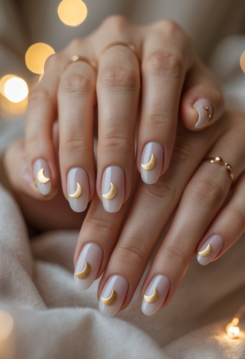 Close-up of hands with clear nails decorated with small gold crescent moons.