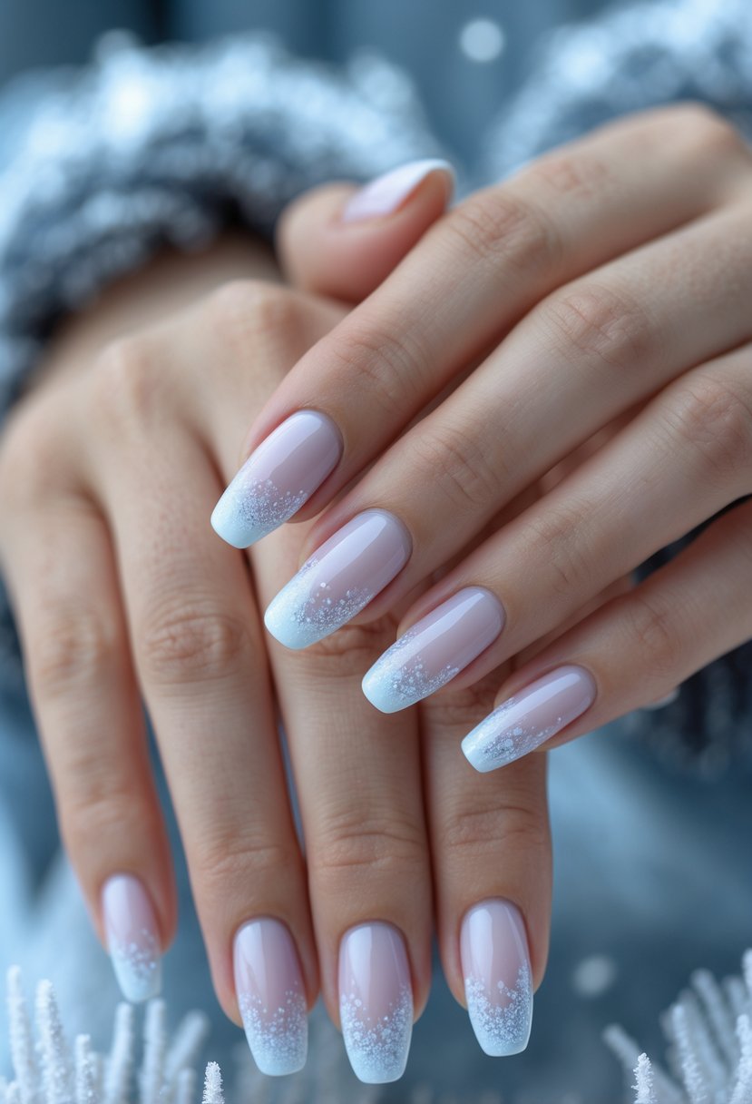 Close-up of hands with pastel French tip nails dusted with snow-like details.