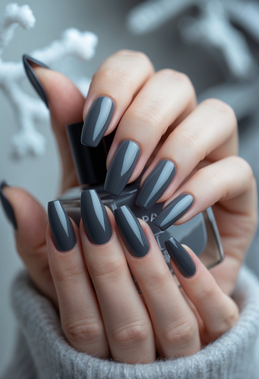 Close-up of hands with charcoal gray glossy nails against a soft winter-themed background.