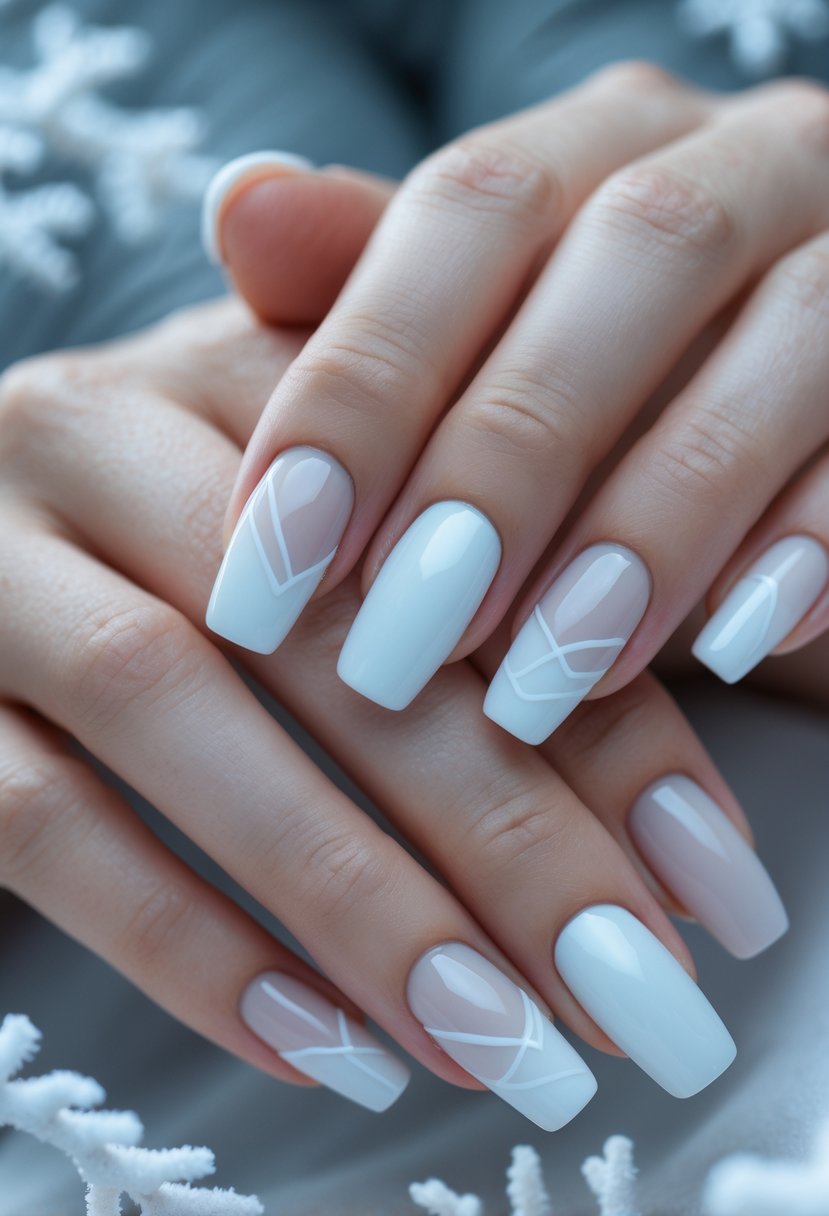 Close-up of hands with snowy white nails featuring minimalist line designs against a soft winter-toned background.