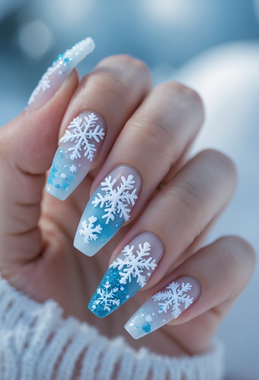 Close-up of hands with acrylic nails decorated with frosted snowflake designs against a soft snowy background.