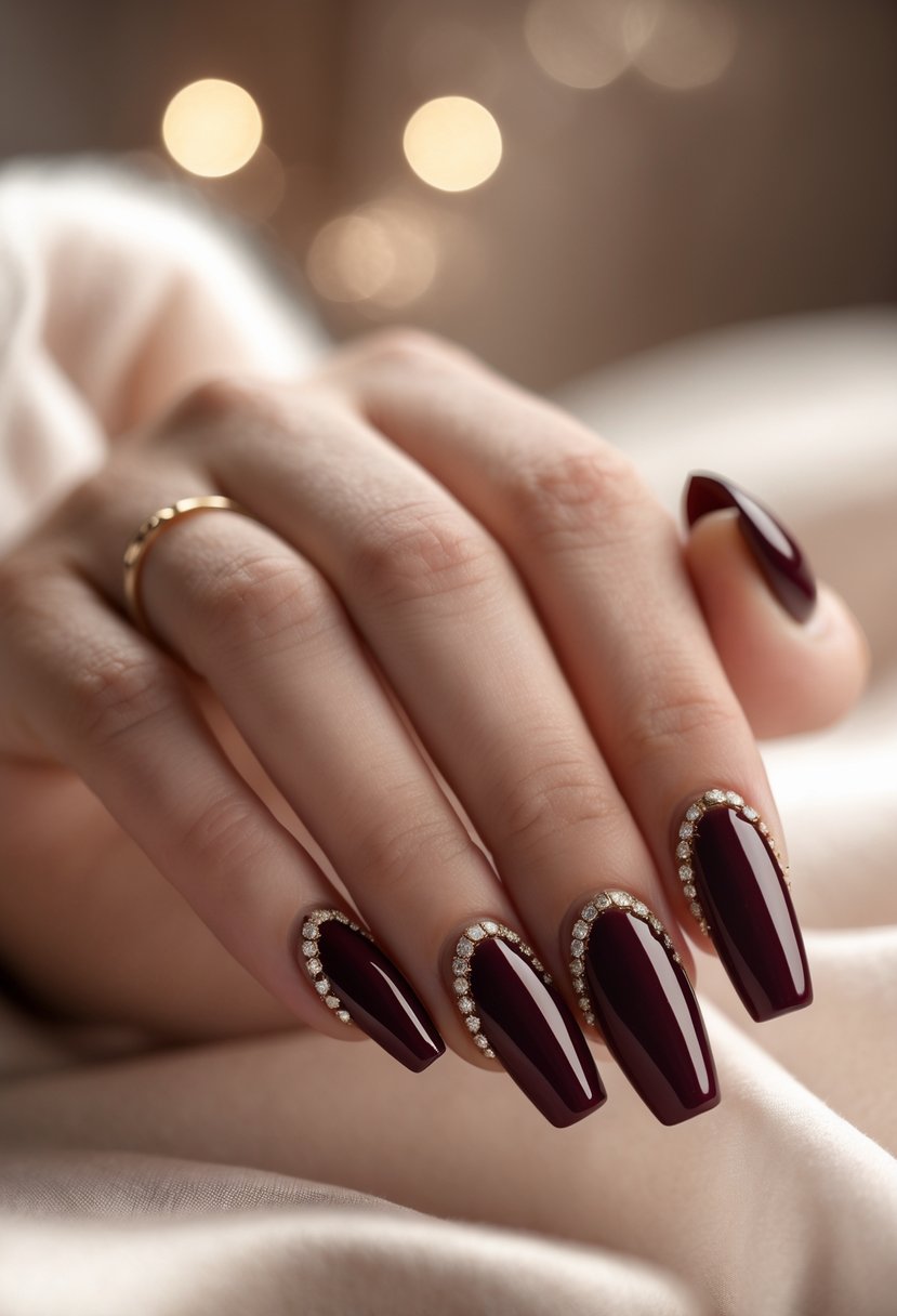 Close-up of a hand with burgundy acrylic nails decorated with rhinestones resting gently on a smooth surface.