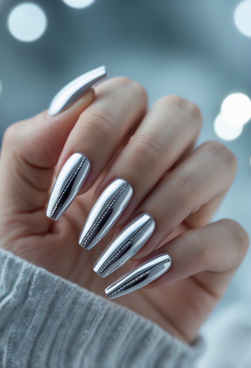 Close-up of a hand with coffin-shaped acrylic nails featuring metallic stripes.