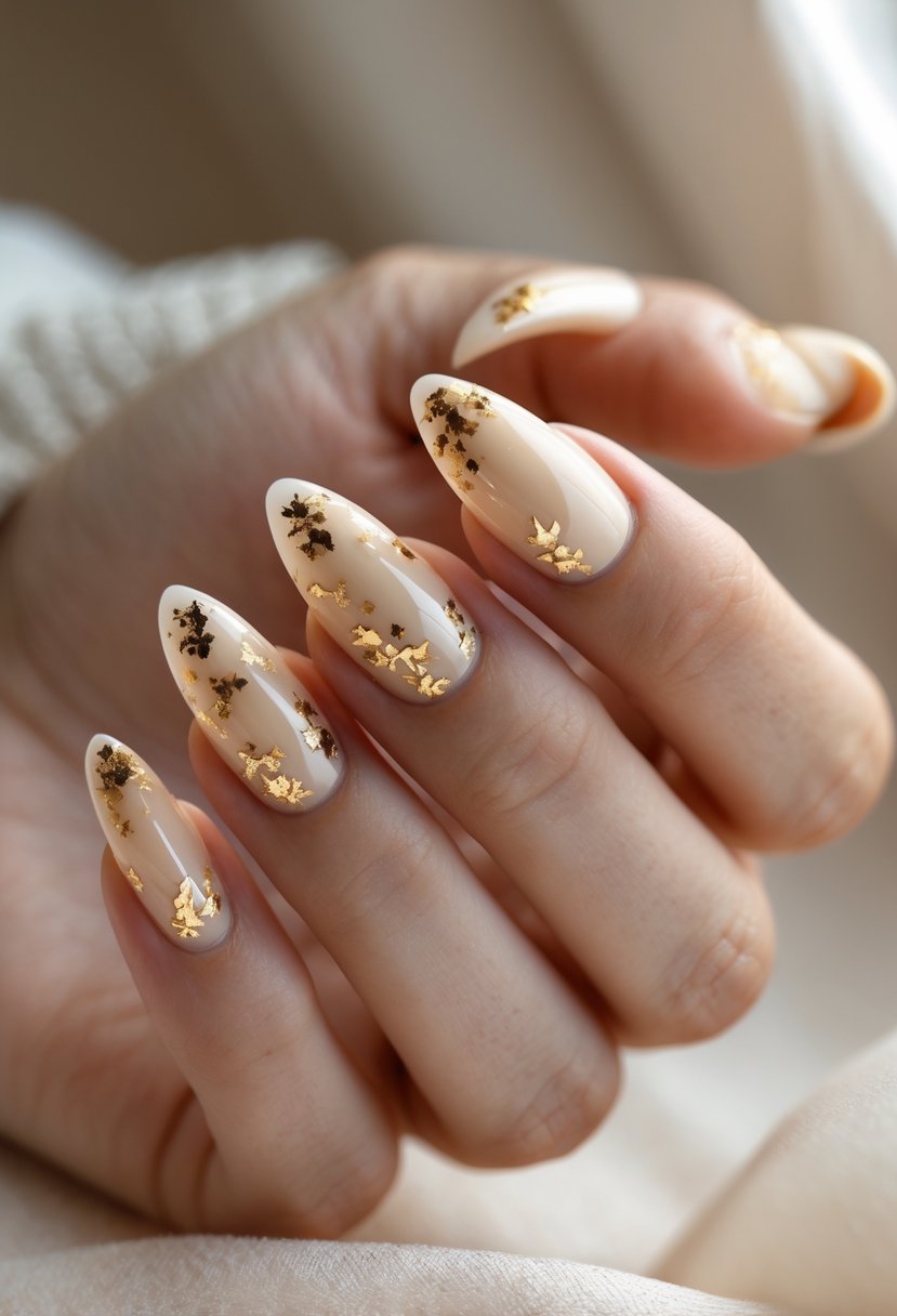 A close-up of a hand with creamy beige acrylic nails decorated with gold flakes.