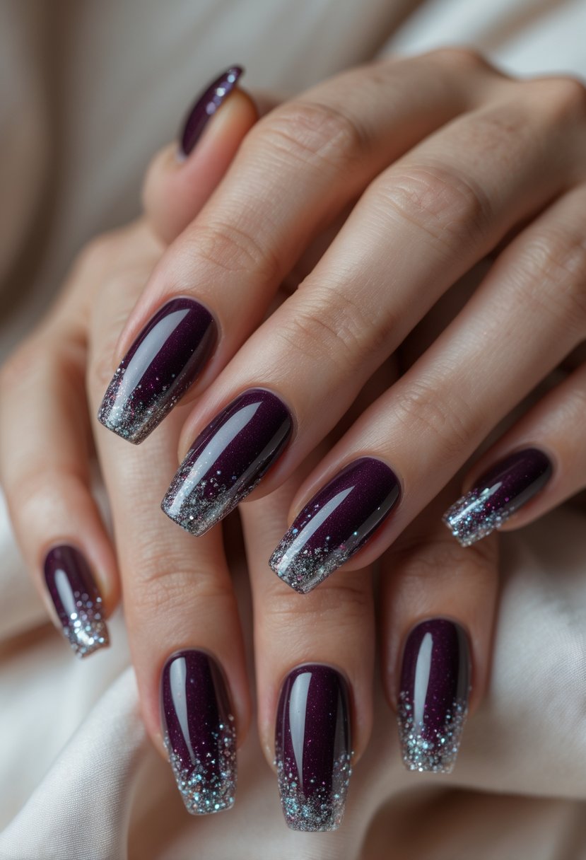 Close-up of hands with deep plum acrylic nails featuring glitter tips.