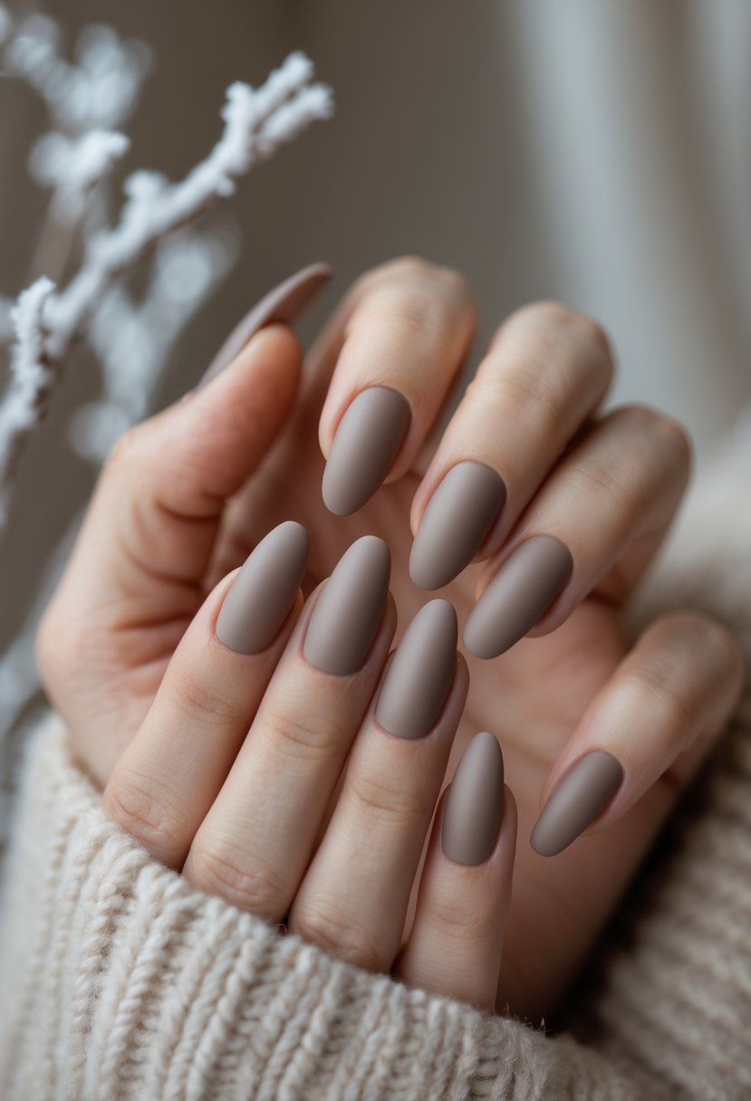 Close-up of hands with warm taupe matte acrylic nails against a soft winter-themed background.