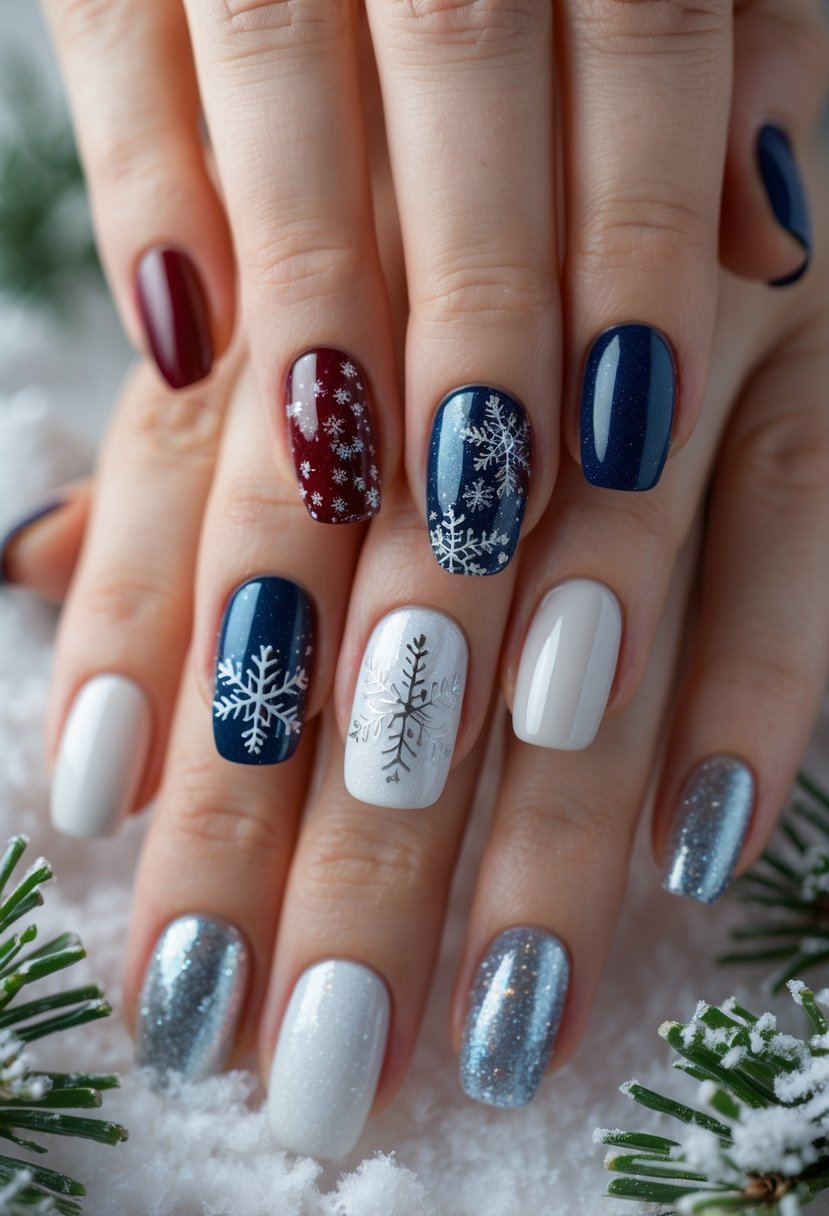 Close-up of hands displaying various winter-themed nail designs with snowflake patterns and glitter accents against a soft background with pine branches and snow.