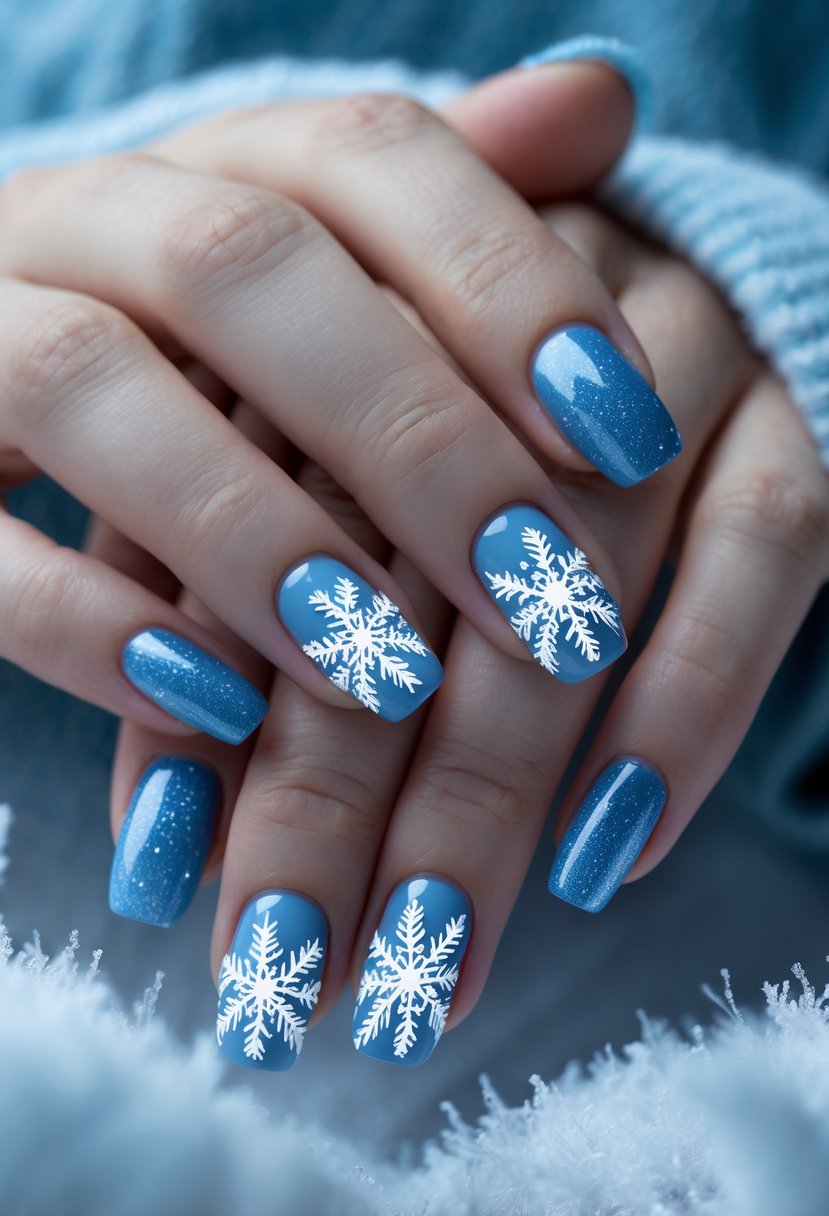 Close-up of hands with blue nails decorated with white snowflakes.