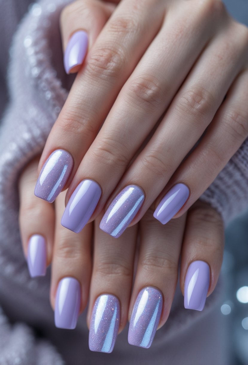 Close-up of hands showing lavender ombre nails with frosty highlights in a winter setting.