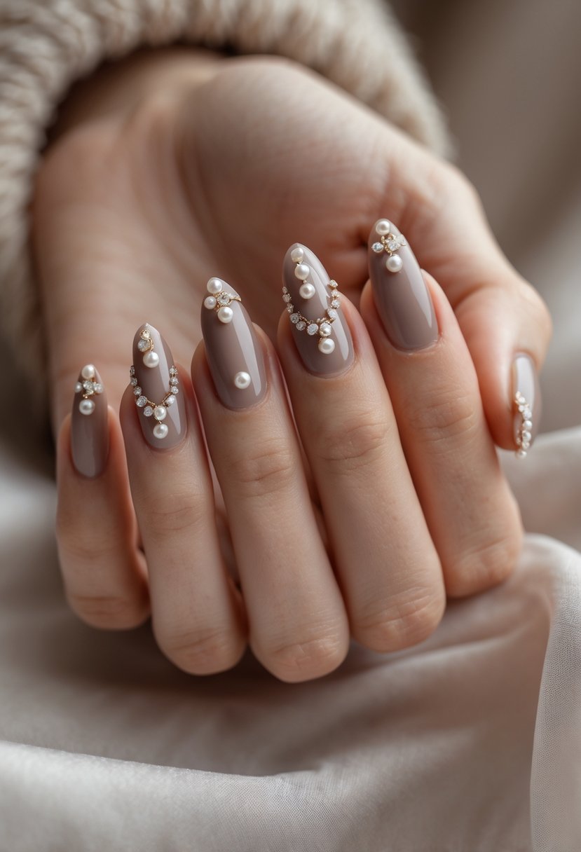 Close-up of a hand showing nails painted warm taupe with small pearl decorations on each nail.
