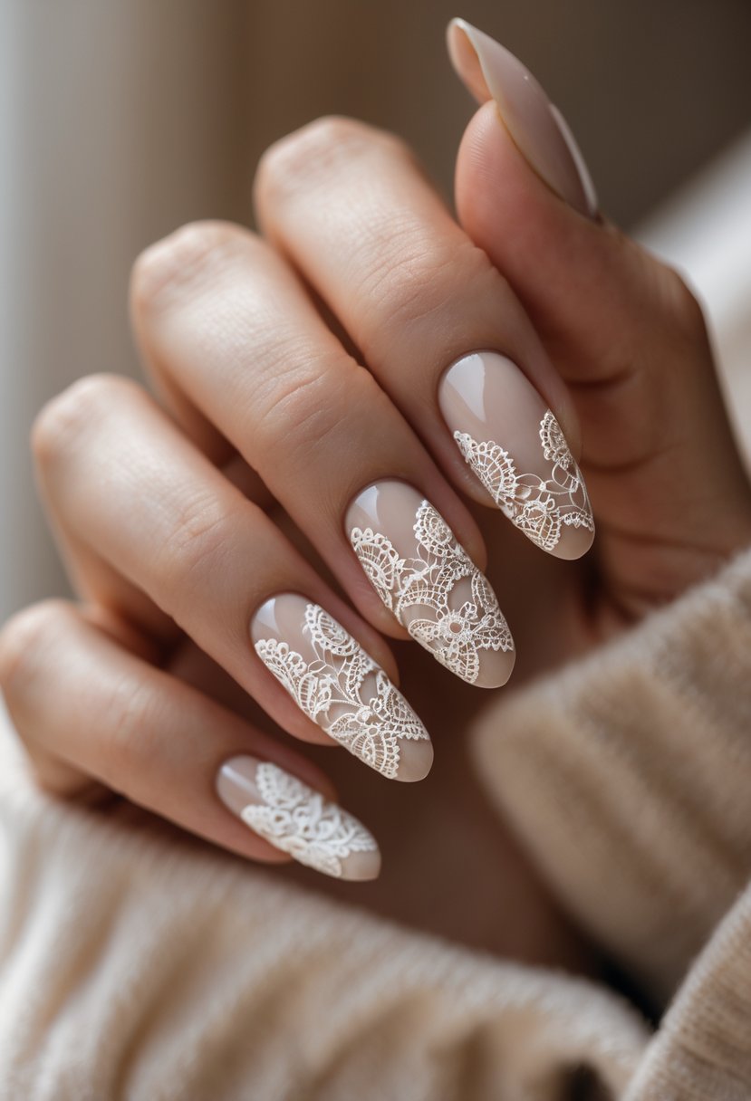 Close-up of hands with beige nails decorated with white lace patterns.