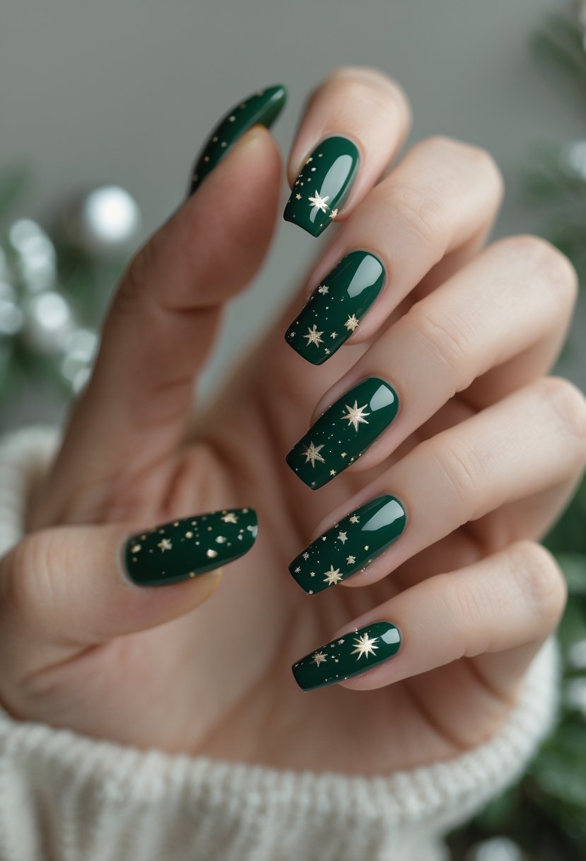 Close-up of a hand with glossy forest green nails decorated with tiny star designs.