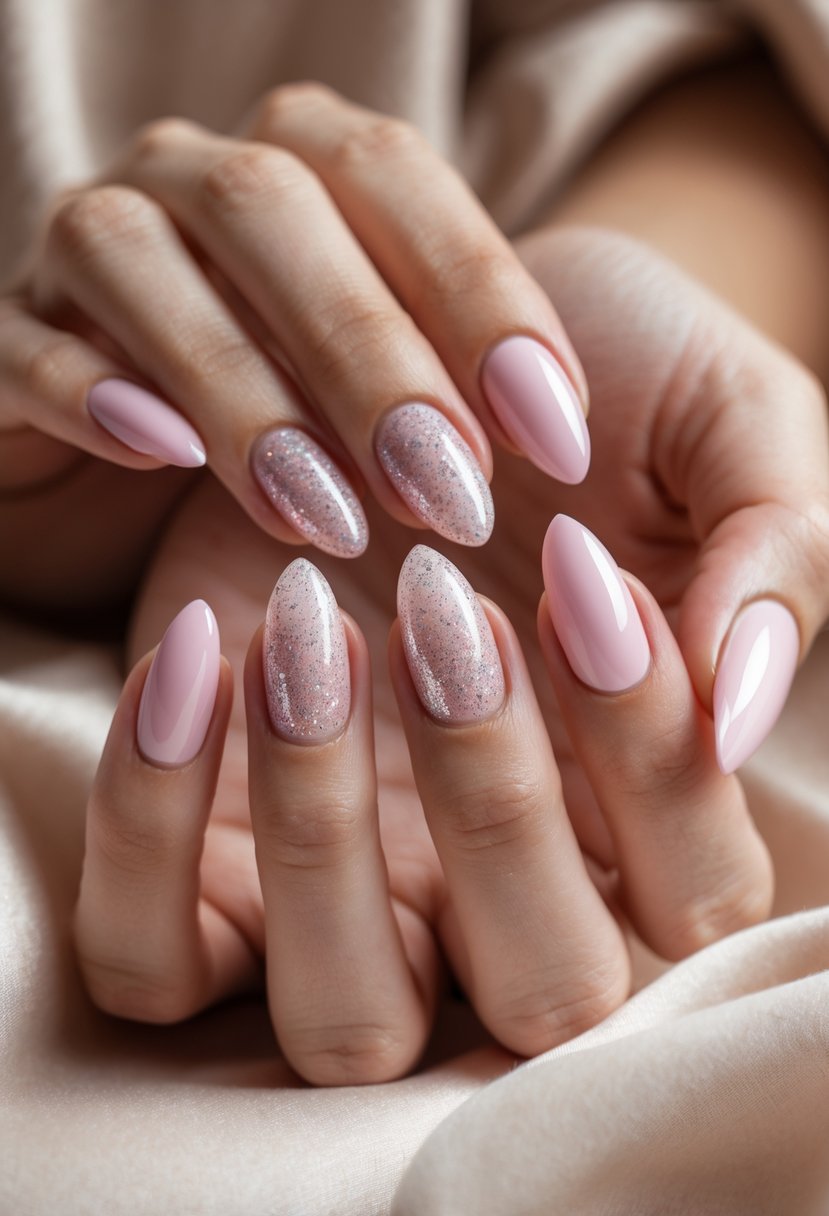Close-up of hands with powder pink nails featuring a glitter gradient design.