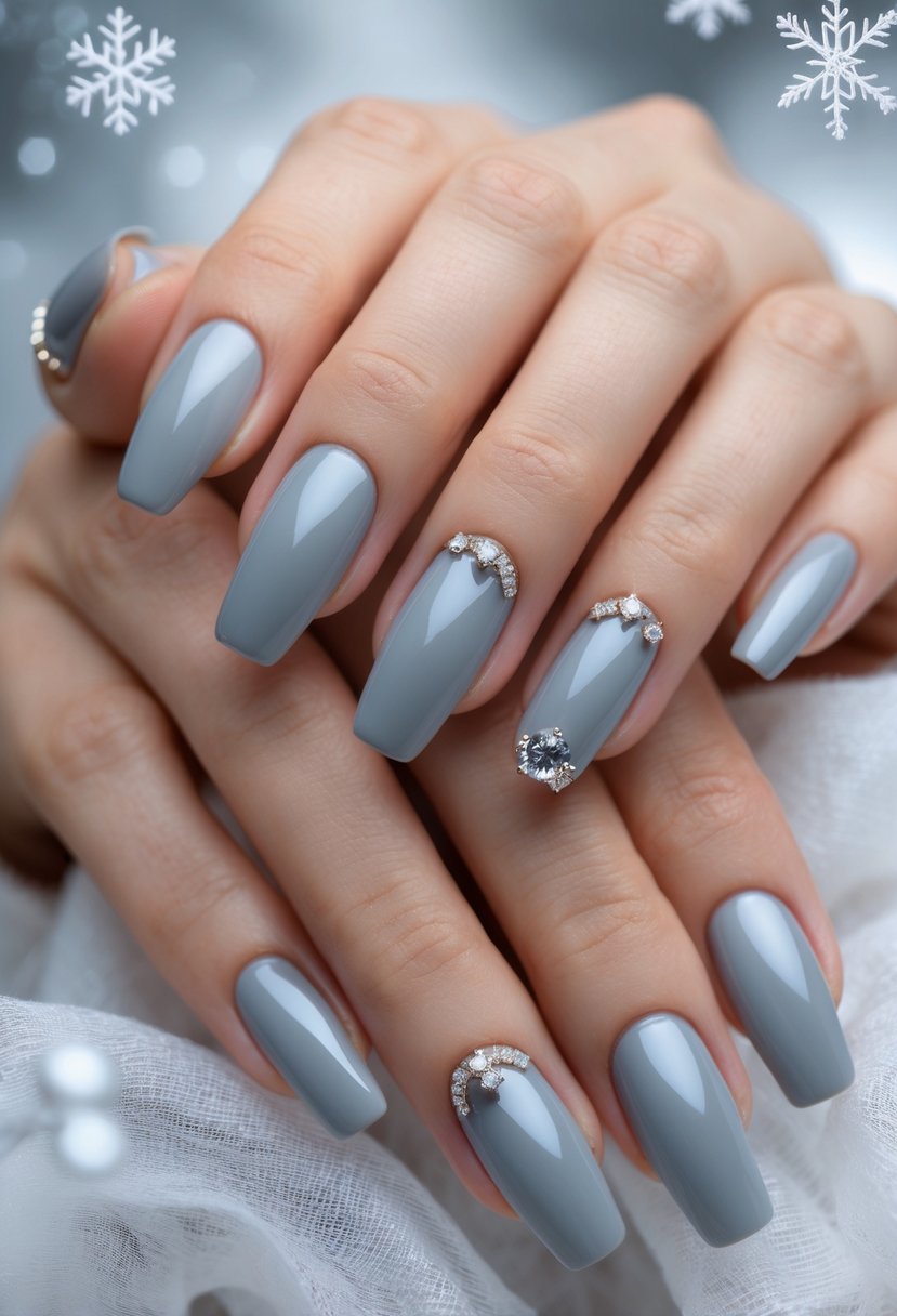 Close-up of hands with icy grey nails decorated with small diamond studs.
