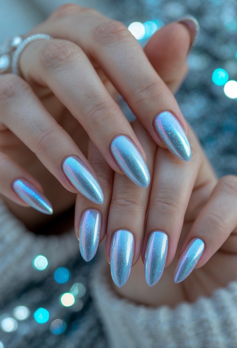 Close-up of hands with platinum silver holographic nails against a soft winter-colored background.