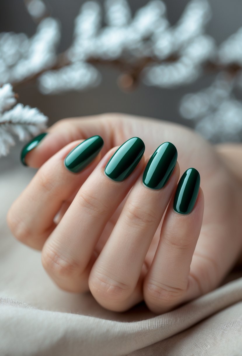 Close-up of a hand with shiny emerald green painted nails resting on a neutral surface with soft winter-themed background elements.