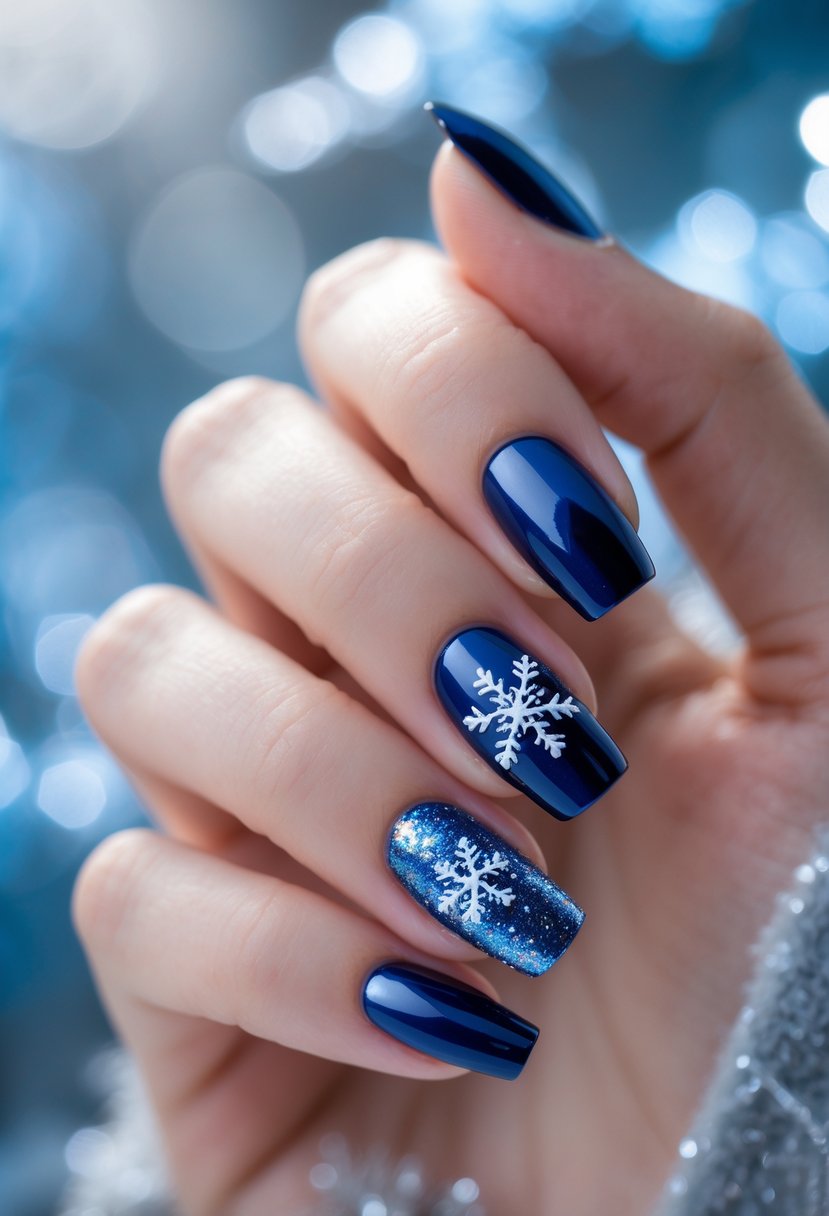 Close-up of a woman's hands with navy and royal blue winter-themed manicured nails with snowflake and glitter accents.
