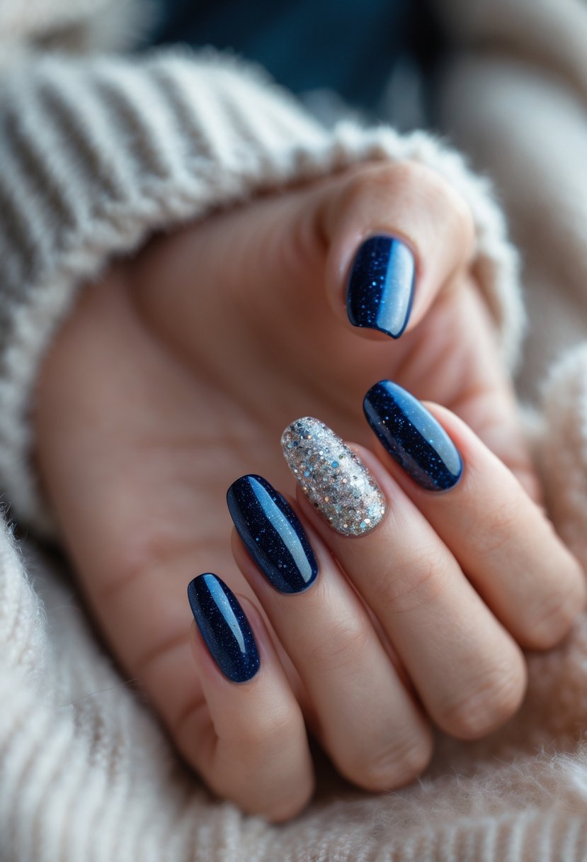 Close-up of a hand with deep blue and glitter accent nails resting on a soft background.