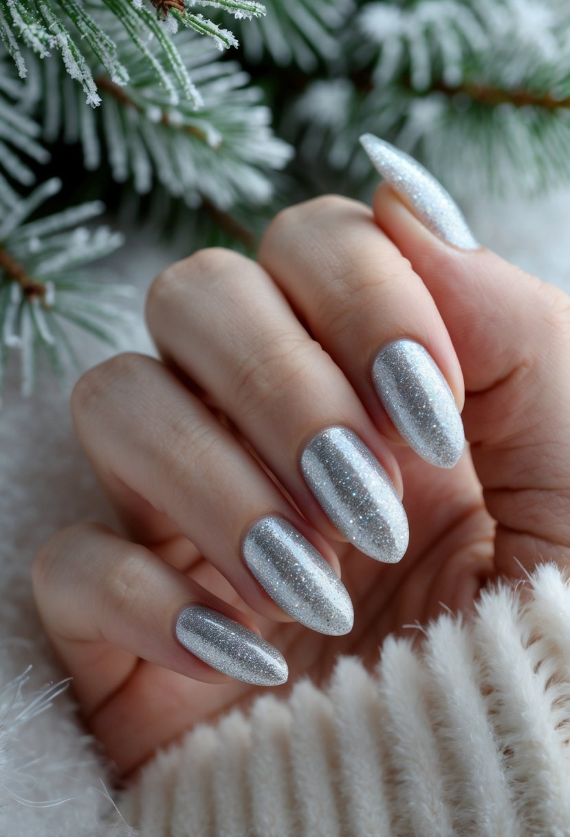 Close-up of a hand with shimmering silver sparkle nails resting on a winter-themed background with pine branches and snowflakes.