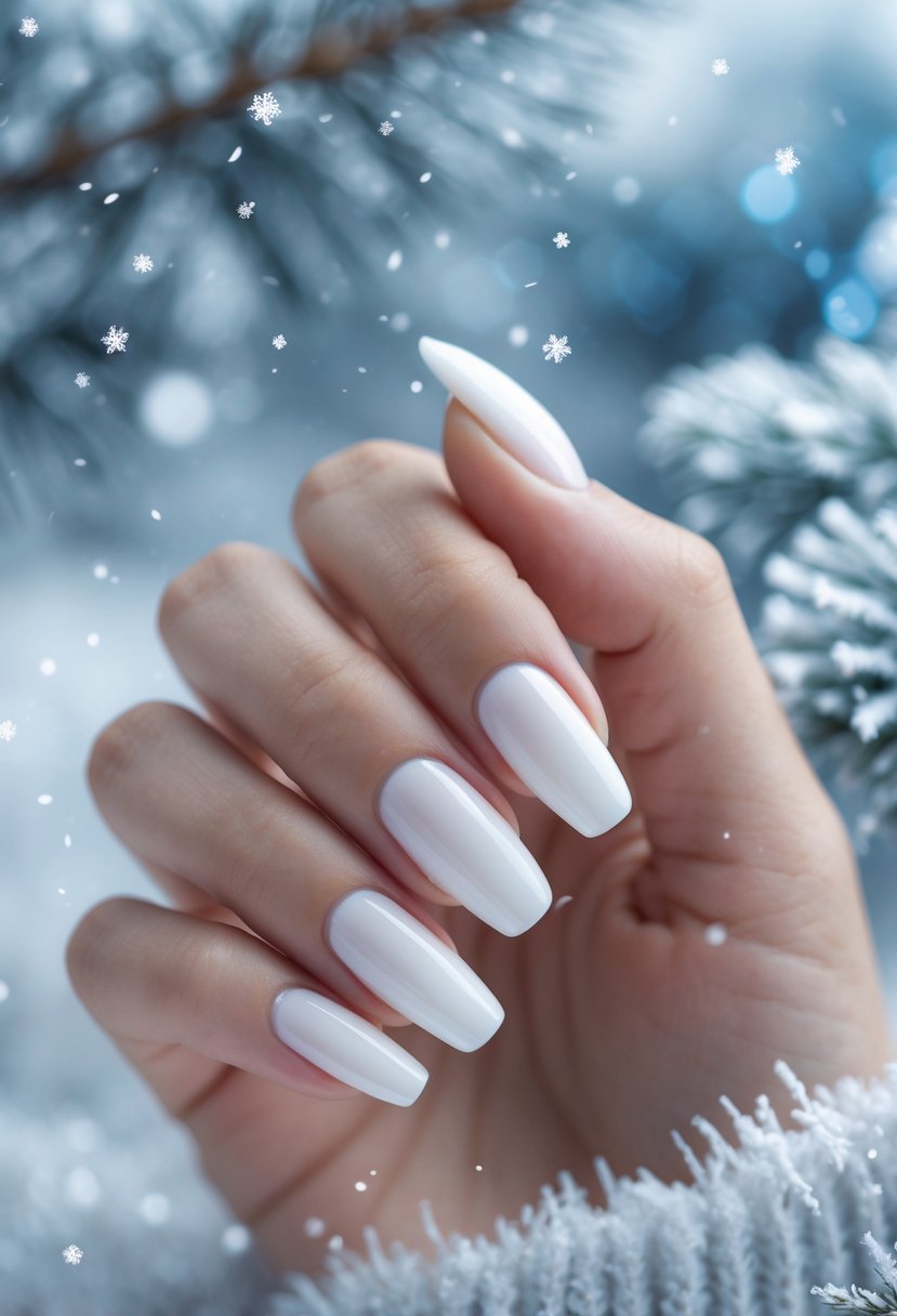 Close-up of hands with glossy snow white nails surrounded by winter-themed decorations like snowflakes and frosted pine branches.