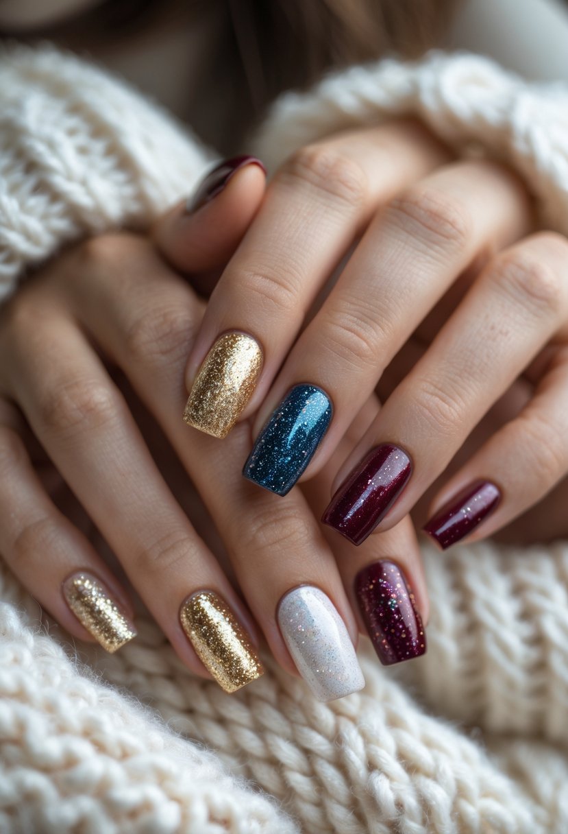 Close-up of hands with nails painted in gold glitter and winter colors resting on a soft white knitted fabric.