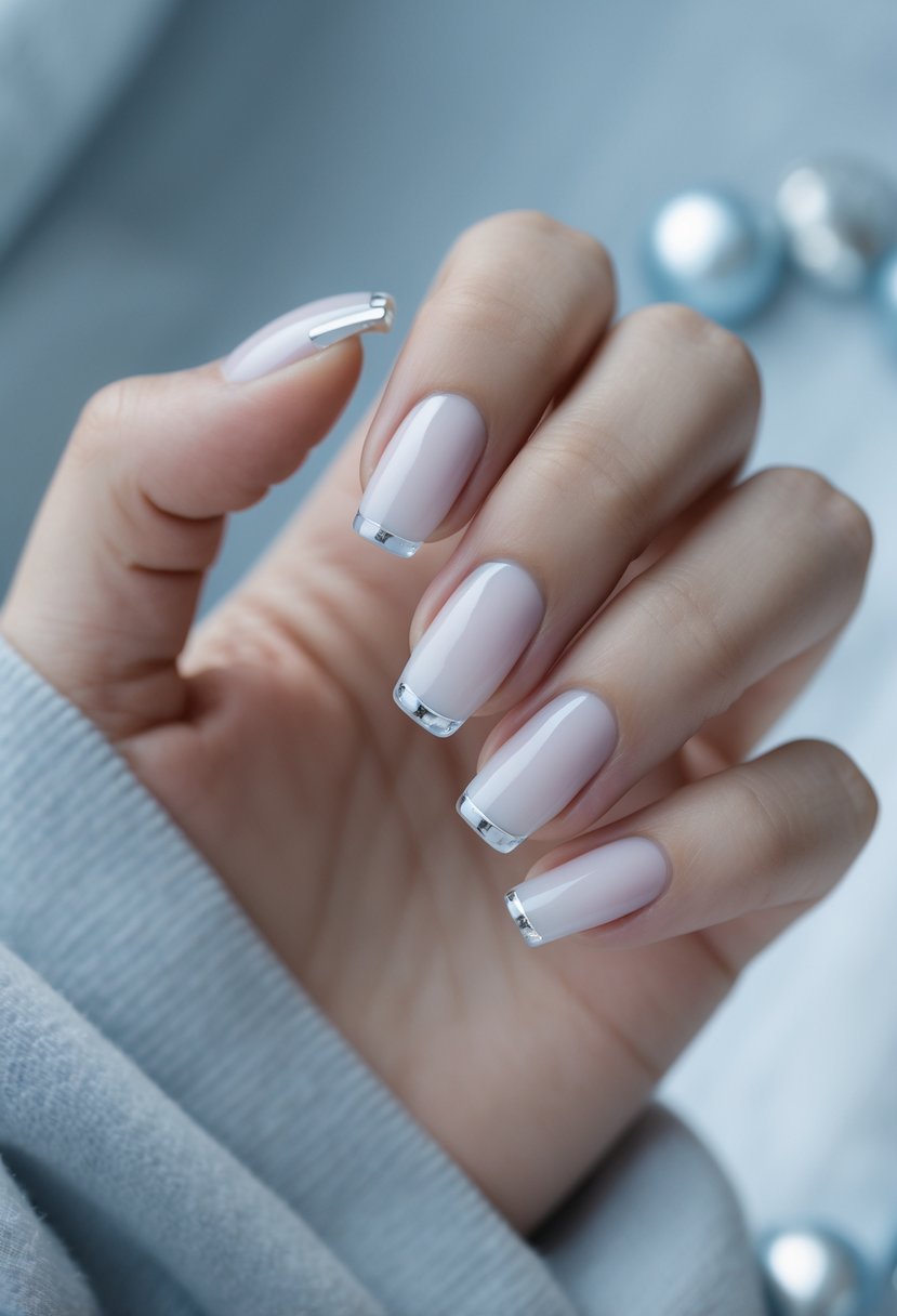 Close-up of hands with icy blue French tip nails and subtle silver accents on a soft neutral background.