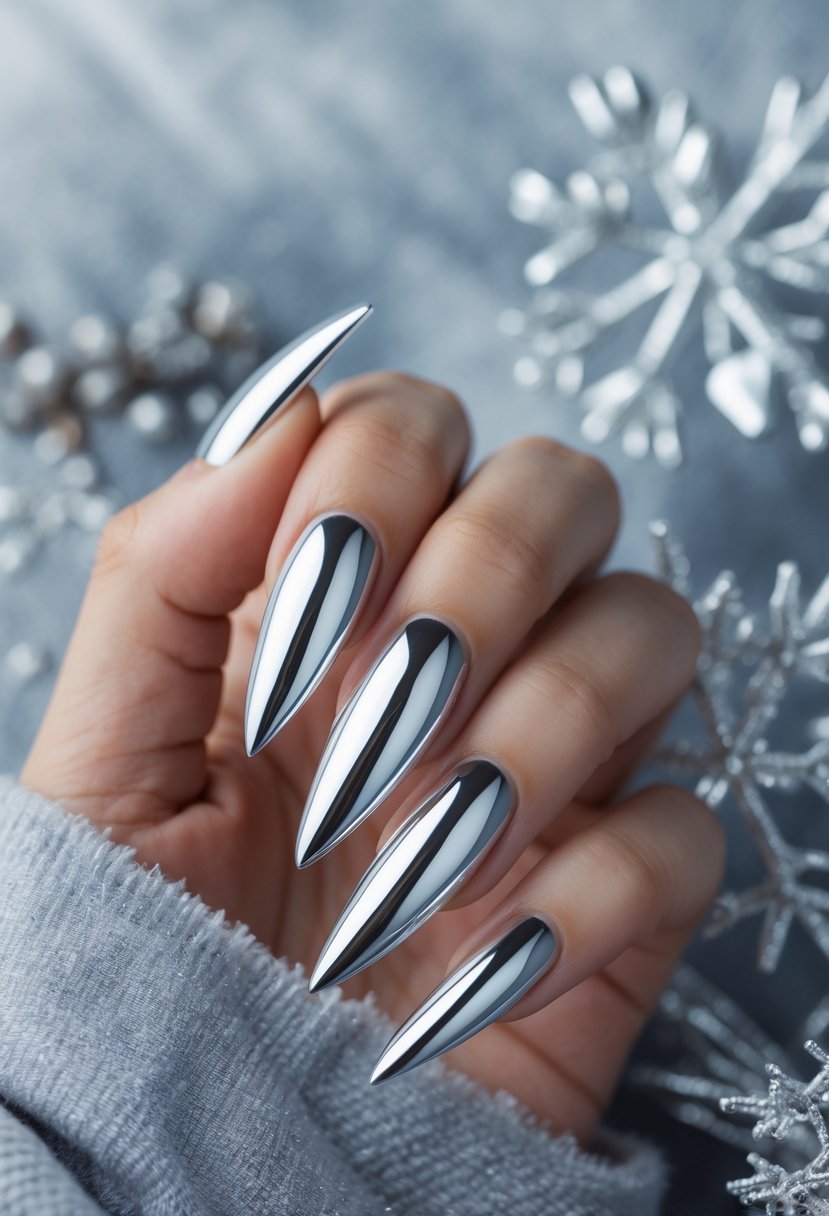 Close-up of a hand with long silver chrome stiletto nails against a soft winter-themed background.