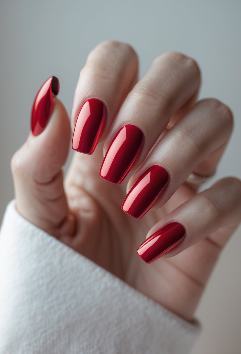 Close-up of a hand with bold red chrome nail tips against a neutral background.