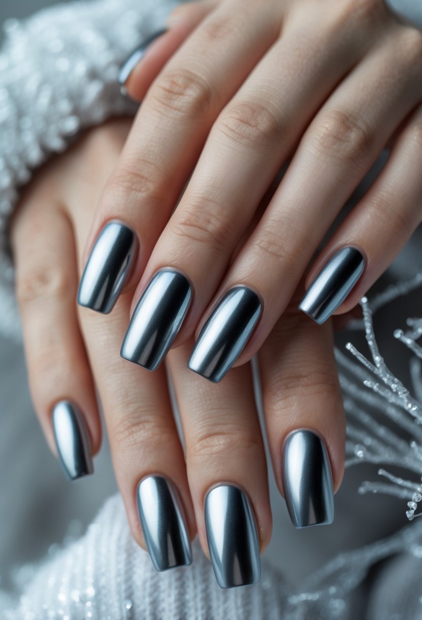 Close-up of hands with metallic pewter chrome nails against a soft winter-themed background.
