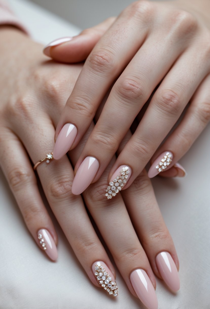 Close-up of two hands with short blush pink nails decorated with small rhinestones.