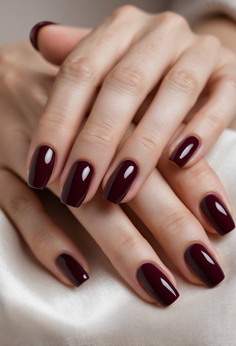 Close-up of two hands with short, rounded nails painted deep burgundy.